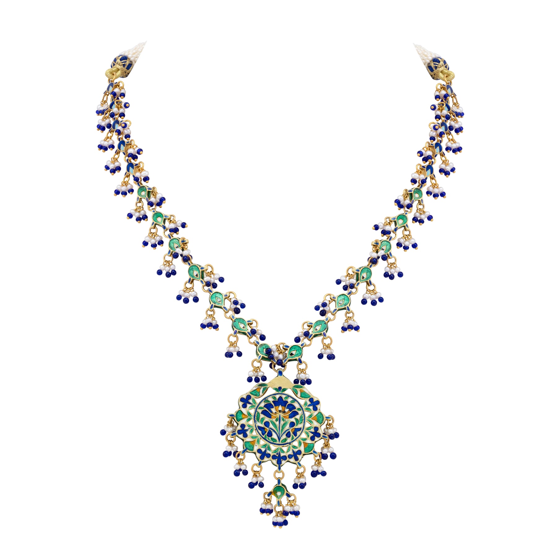 Blue Enamel Polki Necklace with Pearl and Bead Accents